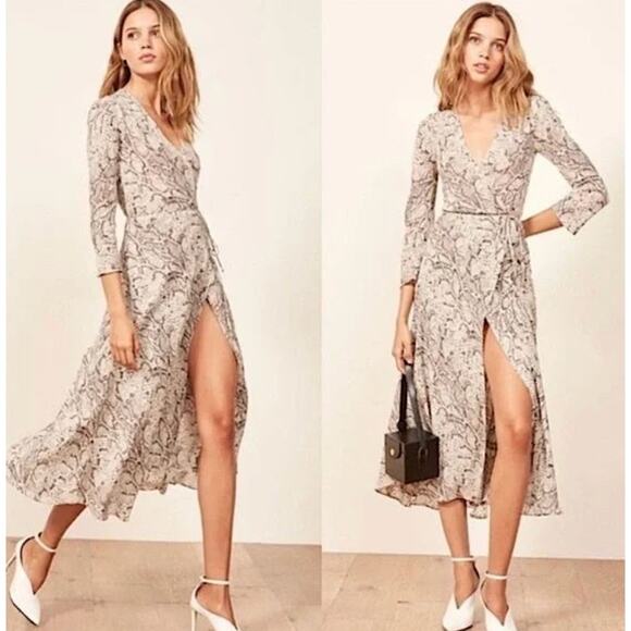 Reformation NWT Jaz Python Wrap Dress Size XL Snakeskin Gray Cream - Picture 1 of 8